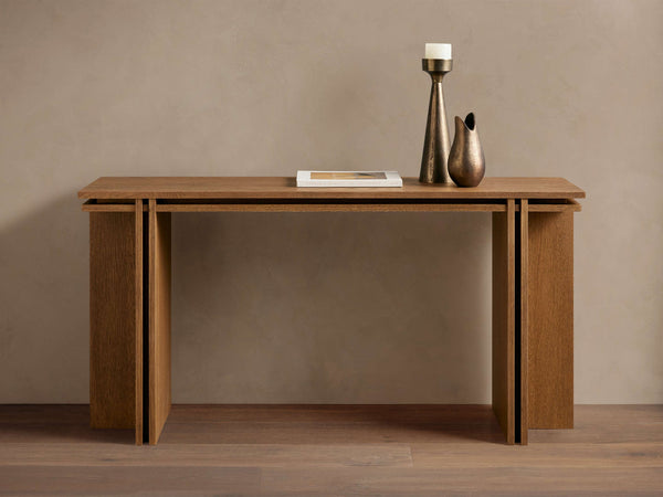 Modern oak console table with black inlay detail and waterfall edges